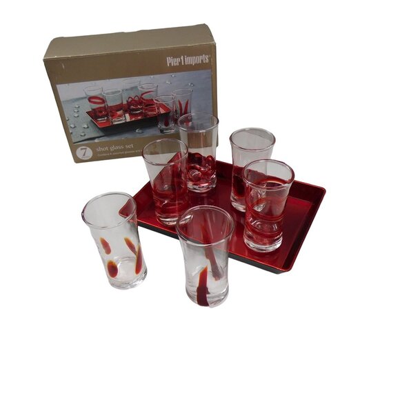 Pier 1 Imports 7 Piece Shot Glass Set Red Swirl - Picture 1 of 8
